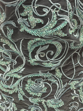 Tulle brodé perlé vert jade clair - EB1091