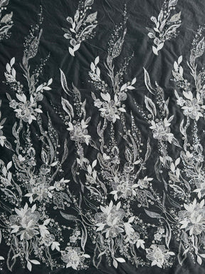 Tulle brodé perlé ivoire/argent - EB1098