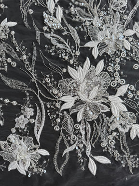 Tulle brodé perlé ivoire/argent - EB1098
