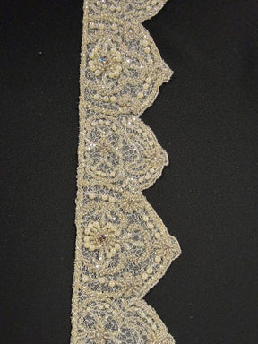 Bordure à sequins et perles en cristal/ivoire/argent - T197