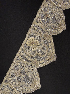 Bordure à sequins et perles en cristal/ivoire/argent - T197