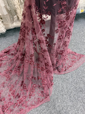 Tulle brodé de perles haricot rouge - EB1090