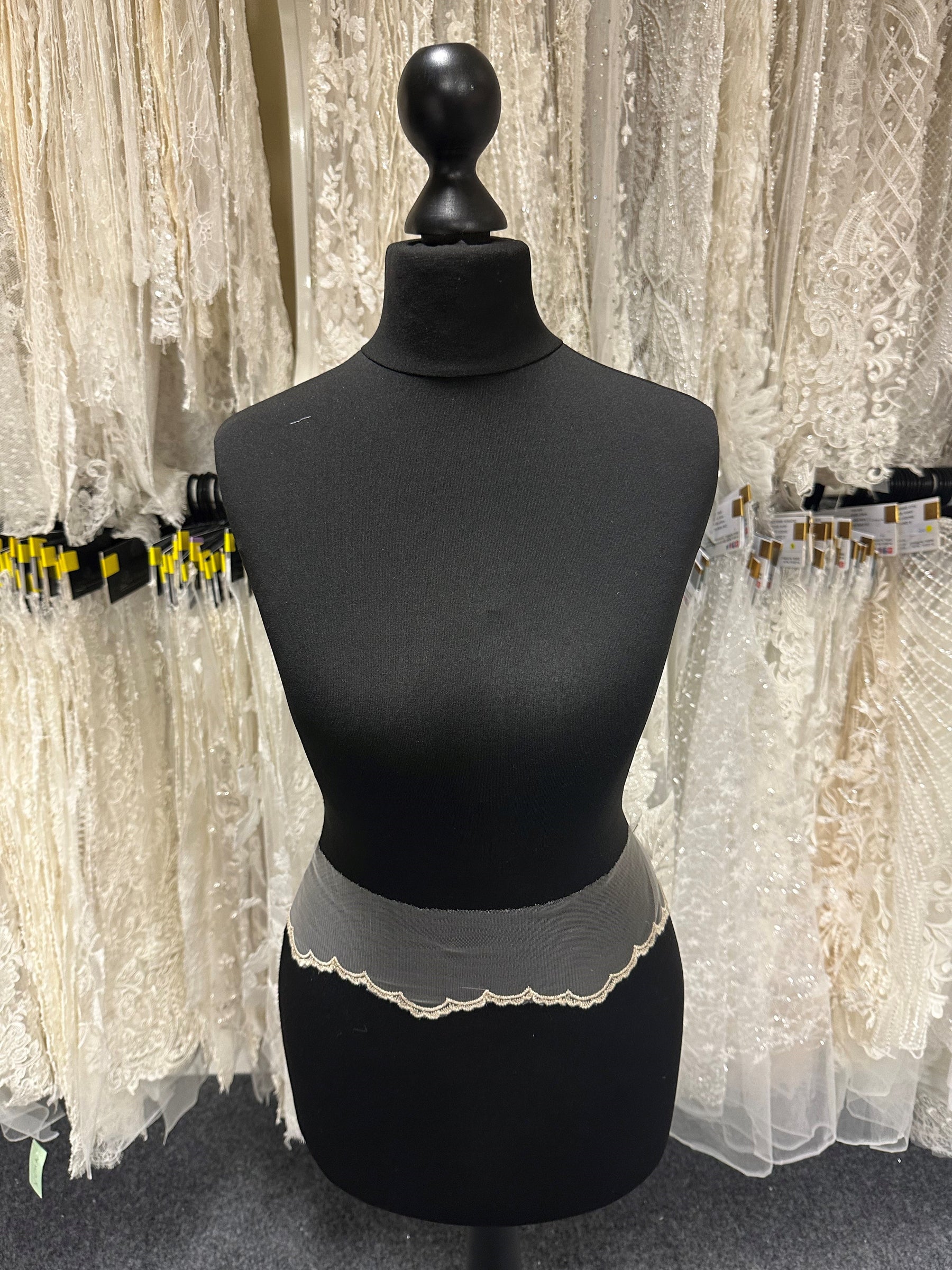 Ivoire avec bordure en dentelle brodée champagne clair - T202