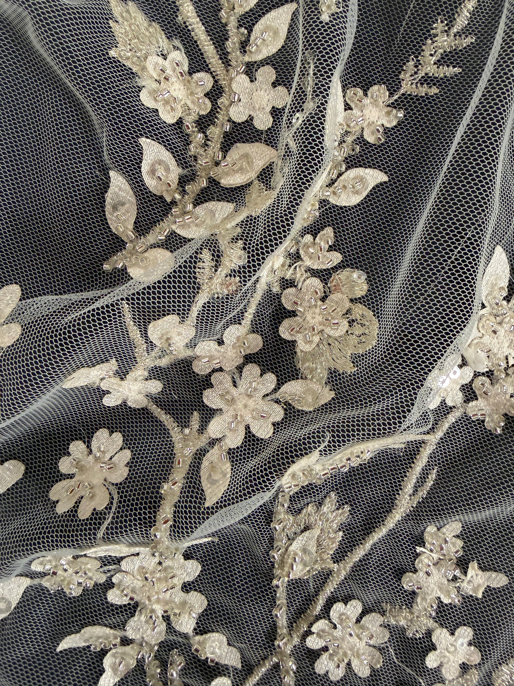 Dentelle brodée Ivoire/Argent - EB1073