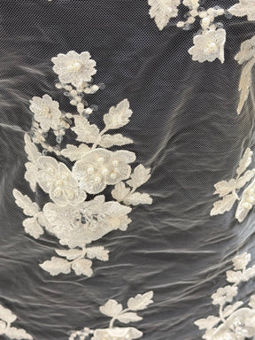 Tulle ivoire brodé de perles 3D - EB1088