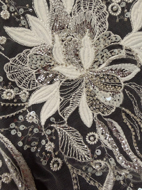 Tulle brodé perlé ivoire/argent - EB1098