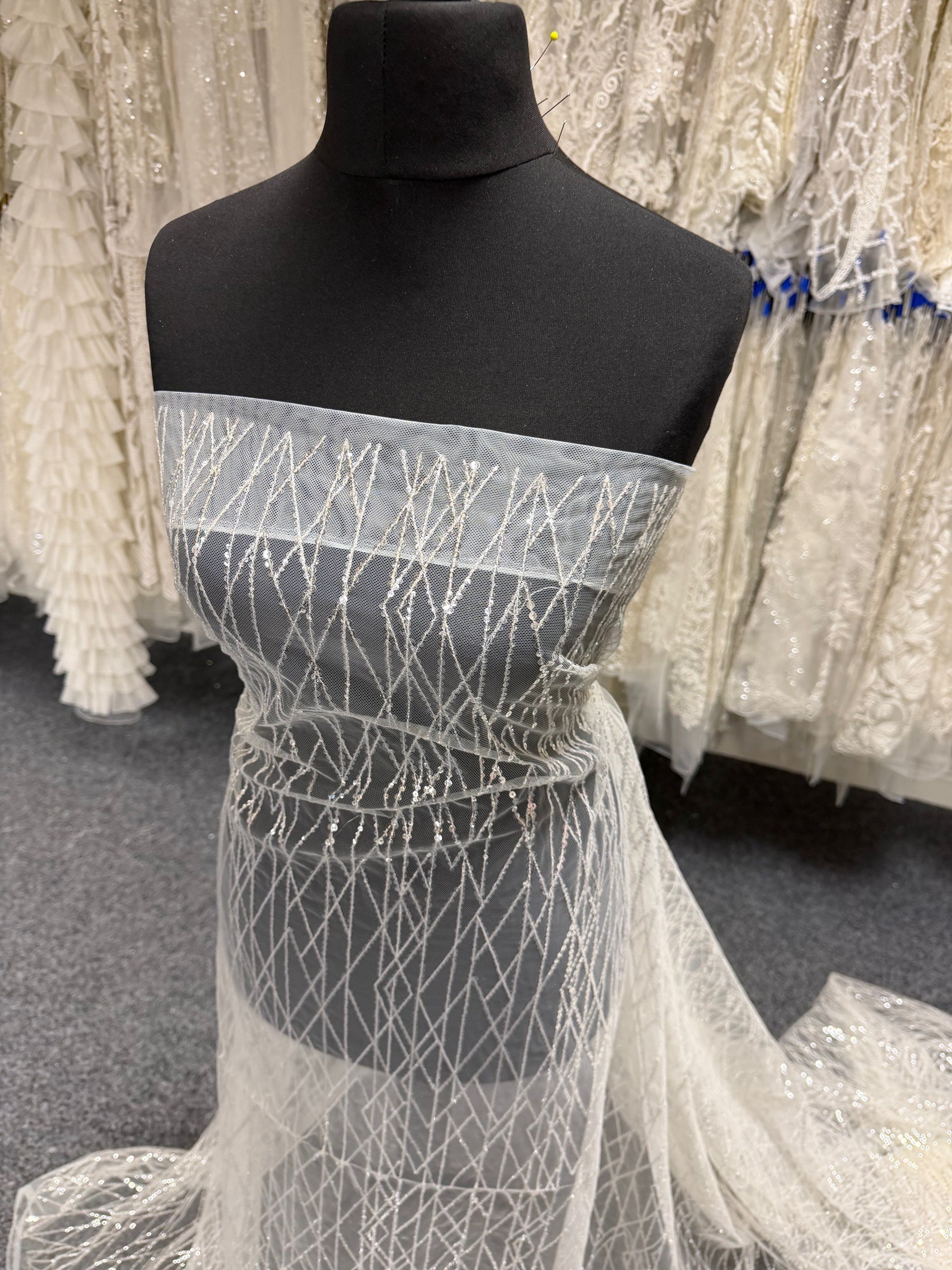 Ivory Sequin Geometric Lace - EB3024