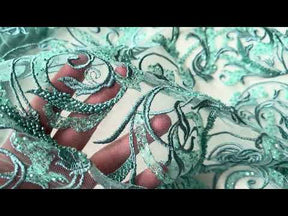 Tulle brodé perlé vert jade clair - EB1091