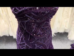 Tulle brodé de perles prune - EB1056