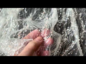 Tulle brodé de perles ivoire/rose - EB1049