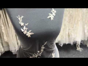 Tulle brodé de perles champagne/argent - EB1073