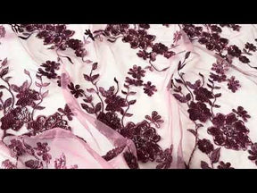 Tulle brodé de perles haricot rouge - EB1090