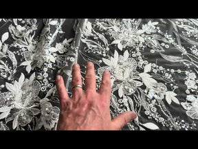 Tulle brodé perlé ivoire/argent - EB1098