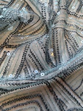 Tulle vert fumé brodé de perles - EB1056